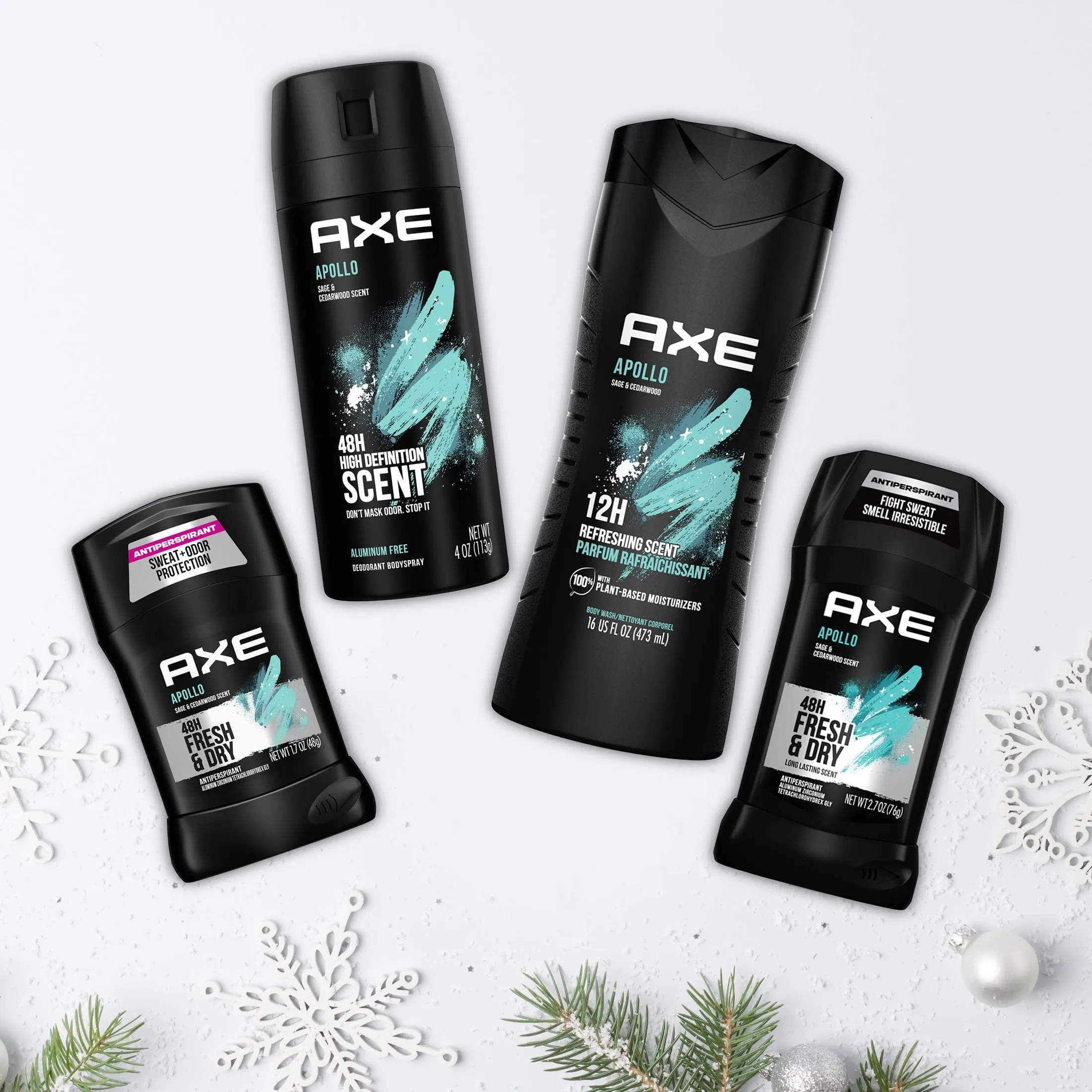 Axe Men's Gift Set Body Wash Deodorant Spray Antiperspirant Deodorant Stick Apollo Sage Cedarwood, 4 Count