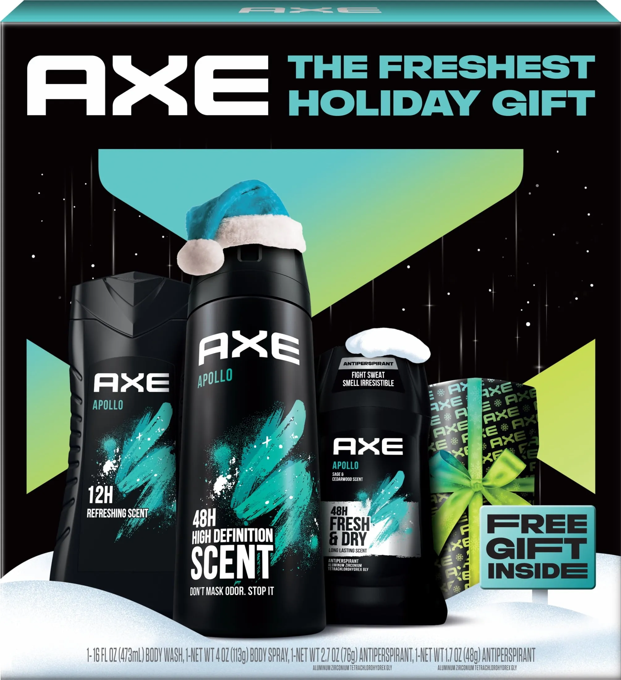 Axe Men's Gift Set Body Wash Deodorant Spray Antiperspirant Deodorant Stick Apollo Sage Cedarwood, 4 Count