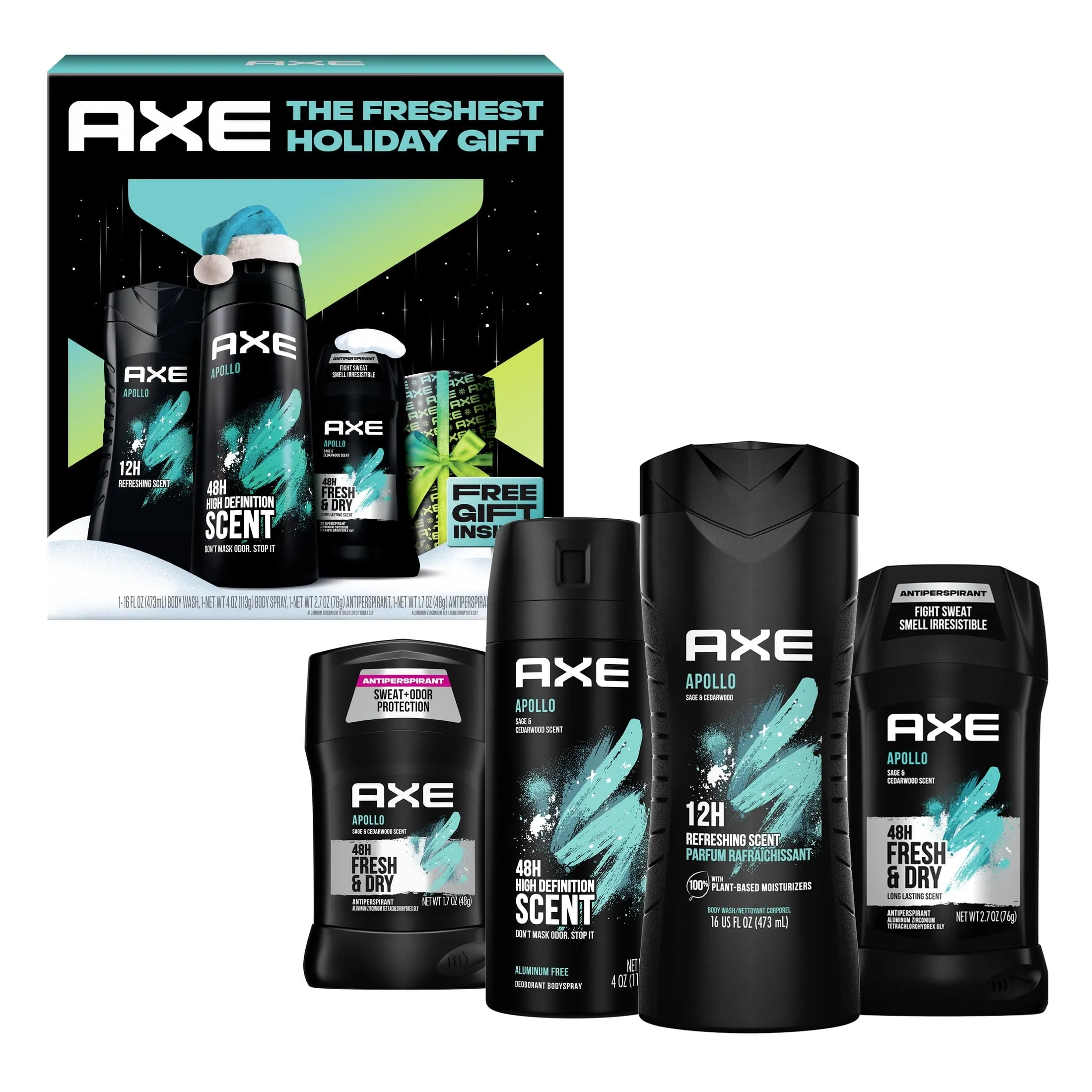 Axe Men's Gift Set Body Wash Deodorant Spray Antiperspirant Deodorant Stick Apollo Sage Cedarwood, 4 Count