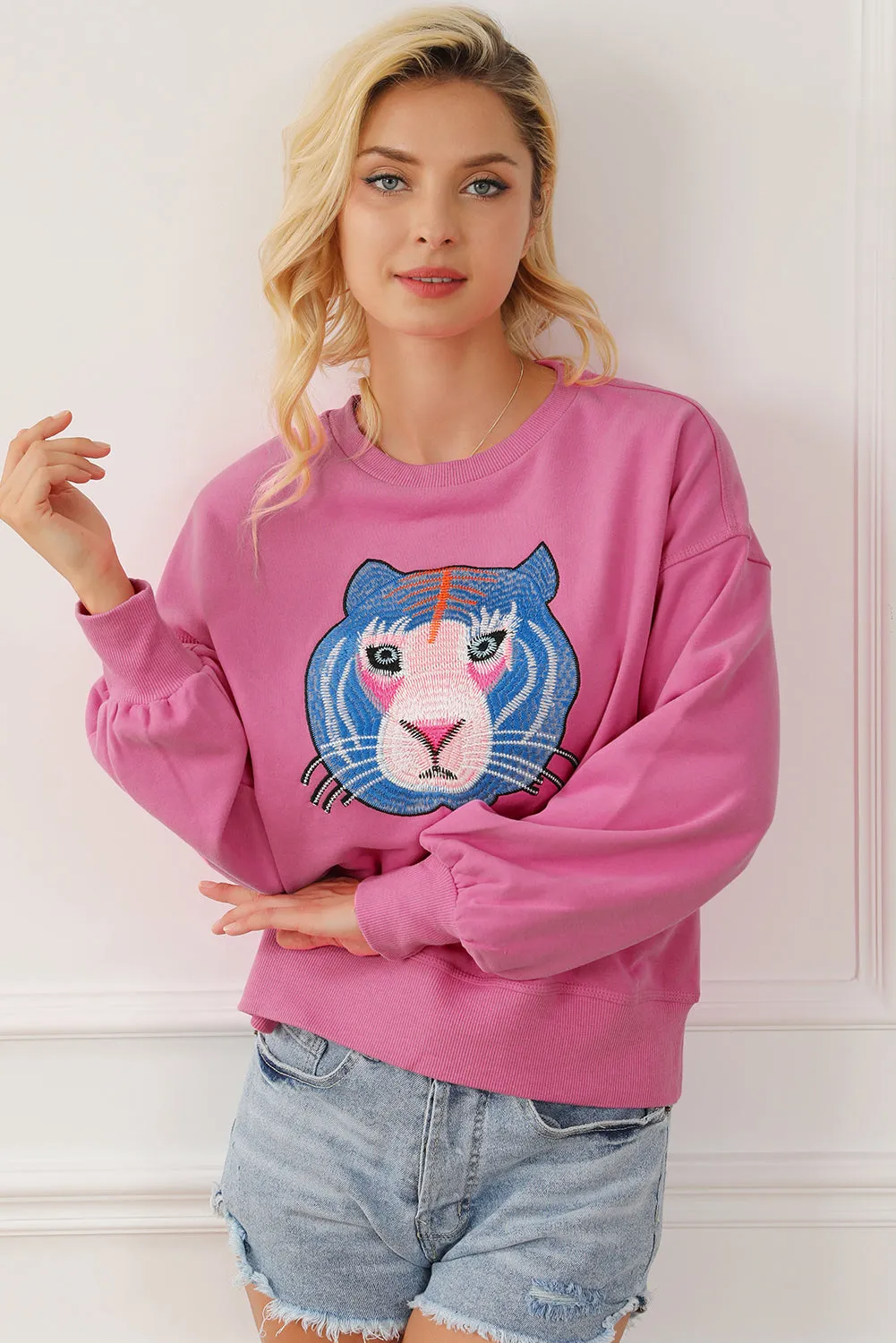 Chic Tiger Embroidered Casual Sweatshirt