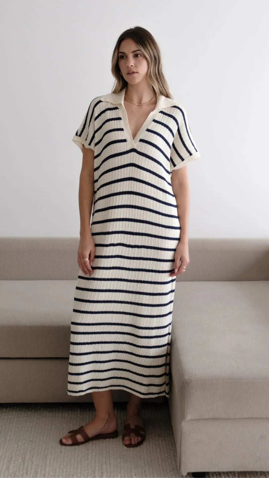 Erin Knit Dress-Ecru/Navy Stripe