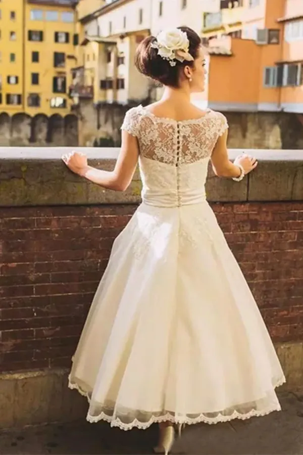 Kateprom Chic Tea Length Wedding Dresses A line Scoop Lace Romantic Wedding Dress KPW0638