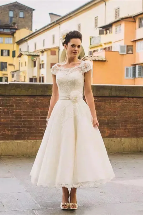 Kateprom Chic Tea Length Wedding Dresses A line Scoop Lace Romantic Wedding Dress KPW0638