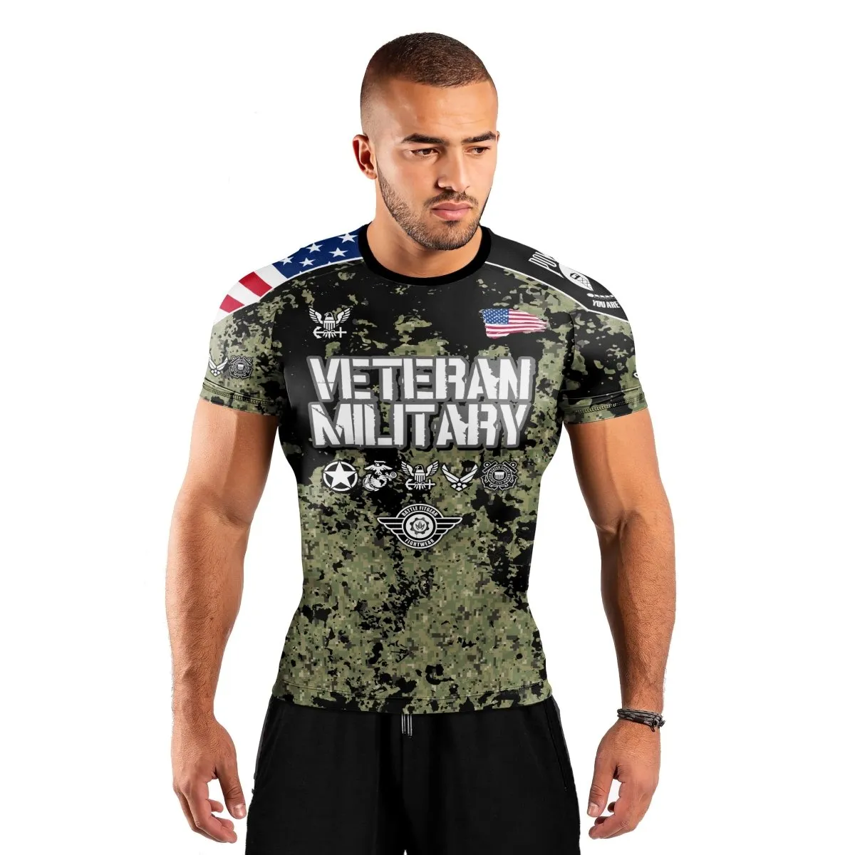 Personalized Veteran Navy Camouflage Men's Short Sleeve Rash Guard